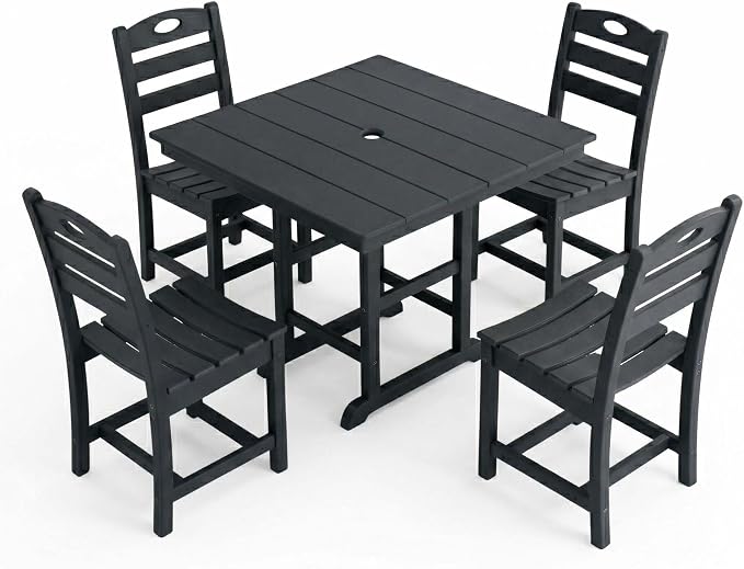 WILLIAMSPACE 37.8" Outdoor Patio Dining Set with 4 Armless Chairs, All Weather HDPE Square Dining Table with Umbrella Hole, Patio 5-Piece Bistro Set for Backyard, Balcony, Lawn, Kitchen (Black)