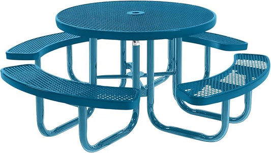 COATEDOUTDOORFURNITURE Heavy-Duty Portable Outdoor Picnic Table with Umbrella Hole, Expanded Metal Commercial-Grade Patio Furniture Made in America (46" Round Top, Light Blue with Light Blue Frames)