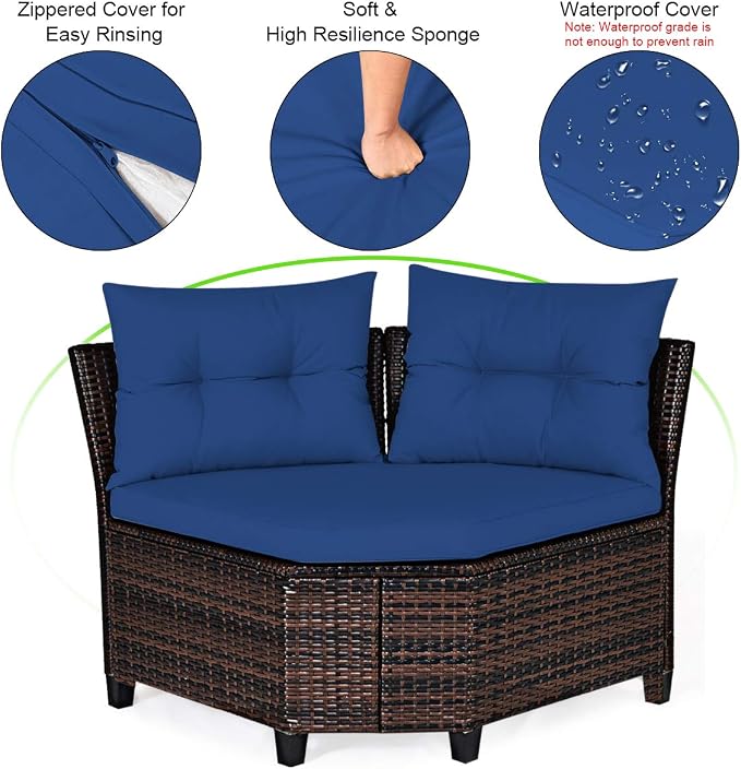 COSTWAY 4-Piece Patio Furniture Set, Wicker Rattan Sofa with Cushions and Coffee Table, Outdoor Sectional Conversation Sofa Set for Poolside Backyard Lawn Backyard (Navy)