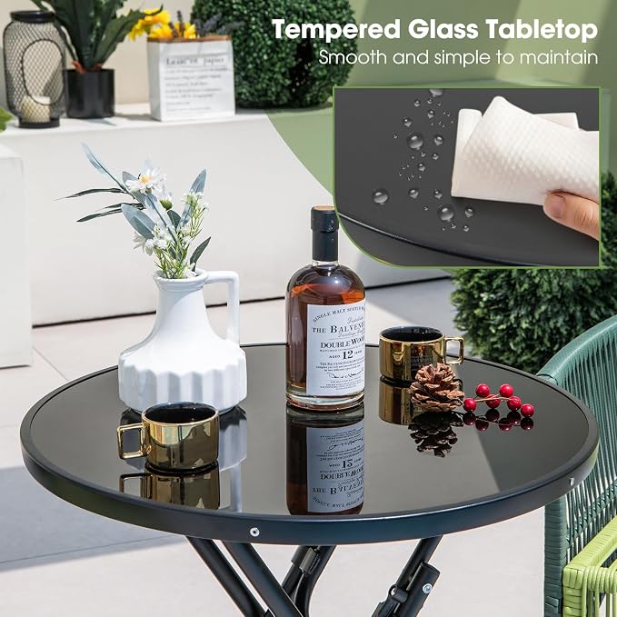 Giantex 23 Inch Round Bistro Table, Patio Folding Cocktail Table with Tempered Glass Tabletop, Heavy-Duty Metal Frame, Outdoor Portable Bistro Table for Deck, Backyard, Poolside