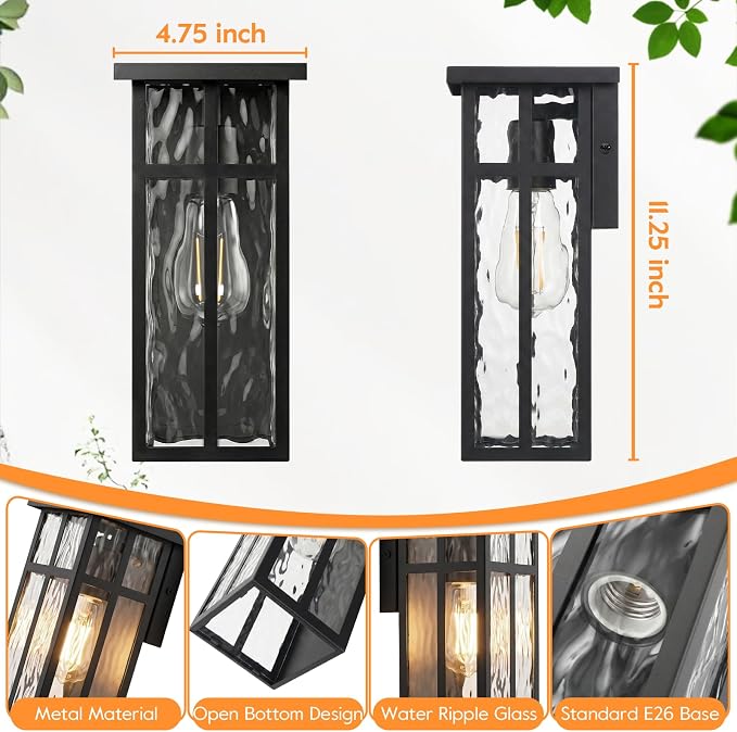 Outdoor Wall Light Fixtures, Modern Black Porch Wall Lanterns | Waterproof Construction & Durable Metal, Rust-Resistant, Quick & Easy Installation, Ripple Glass Shades & Standard E26 Socket