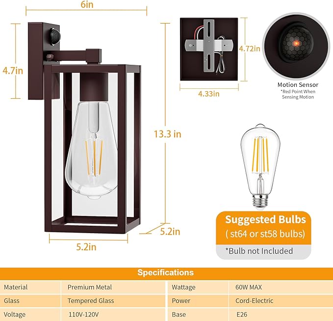 13'' Oil Rubbed Bronze Motion Sensor Outdoor Light Fixtures Wall Mount, Large Front Porch Lights,Dusk to Dawn Exterior Wall Sconce, Waterproof Lantern Lamp,Outside Coach Light for House,Garage,Yard