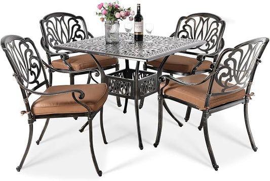 VIVIJASON 5-Piece Outdoor Patio Dining Set, All-Weather Cast Aluminum Conversation Set, Patio Furniture Set for Balcony Lawn Garden, Include 4 Cushioned Chairs, a 35.4" Square Table w/Umbrella Hole
