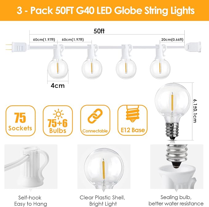 Mlambert 150Ft(3x50Ft) Outdoor String Lights, Connectable G40 Globe Patio Lights Connectable with 75+6 LED Plastic Bulbs for Outside Backyard Wedding-White Wire
