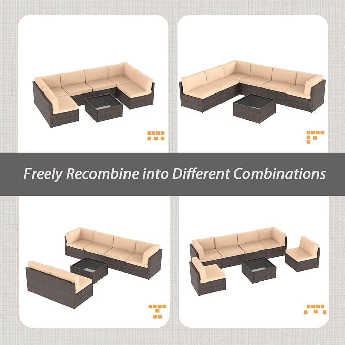 AECOJOY 7 Piece Outdoor Patio Furniture Set, Outdoor Sectional Conversation Furniture Chair with Coffee Table,Patio Sectional for Garden,Backyard(Khaki Cushions and Brown PE Rattan, with Cover)