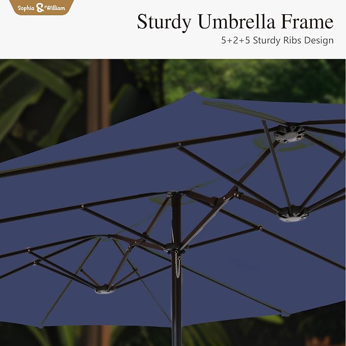 Sophia & William 7pc Patio Dining Set with Navy Umbrella, 6 Rattan Chairs | 6 Cushioned rattan chairs + 1 metal table with umbrella. Perfect for backyard, deck, porch. Durable all-weather frame.