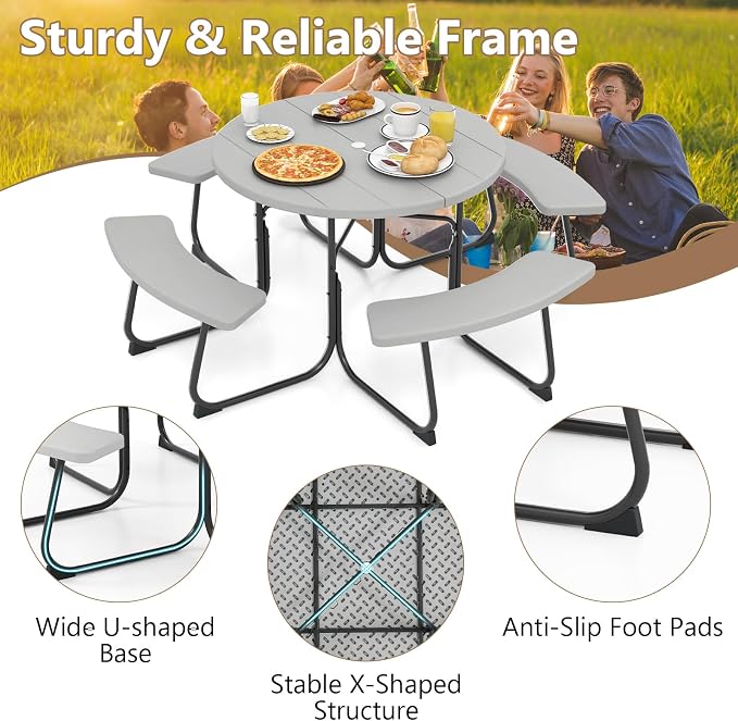Moccha Picnic Table Bench Set - Outdoor Table and Chairs with Umbrella Hole, HDPE Tabletop & Metal Frame, Dining Table Set, Outdoor Camping Table for Garden Backyard Porch Patio Table Set (Grey)
