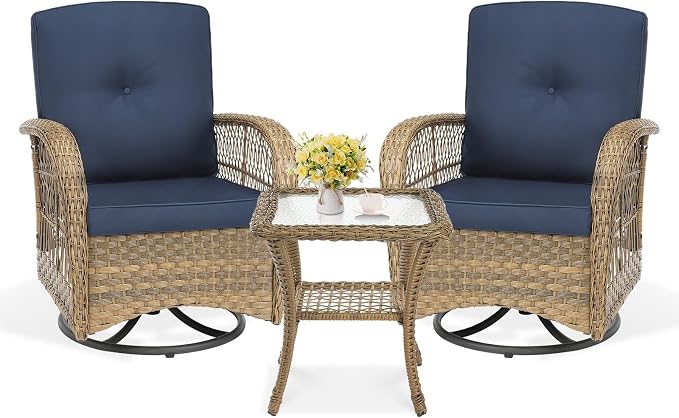 VIVIJASON 3-Piece Outdoor Conversation Bistro Set, Patio Swivel Glider Rocking Chairs Rattan Furniture Sets w/ 2 Rattan Chairs, Cushions, Glass Top Side Table for Porch Backyard, Navy Blue