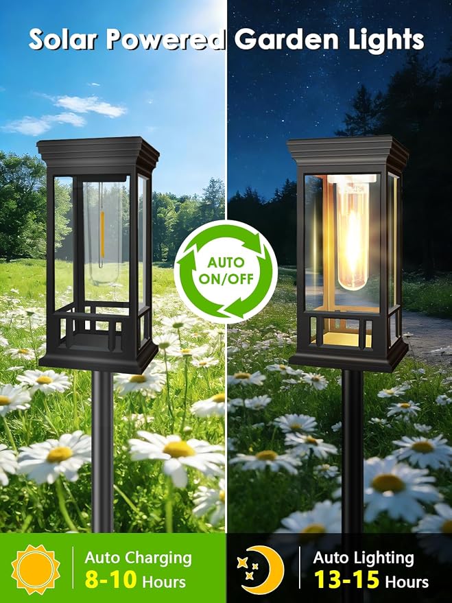 LORRYTE Solar Pathway Lights Outdoor Waterproof, 6 Pack Path Lights | High-performance Solar Panel, Lasts 15hrs, Auto On/Off, Warm White, Solar Powered Garden Light for Walkway Landscape Decor