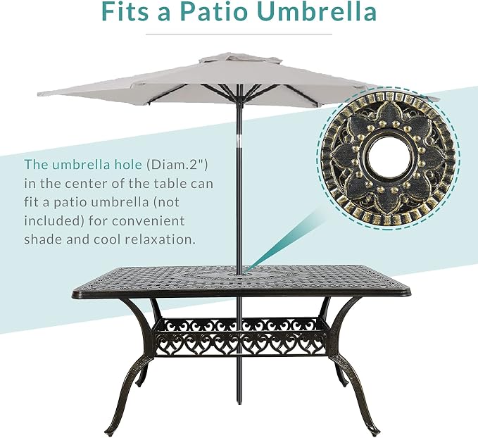 MEETWARM Outdoor 60" Rectangular Patio Dining Table, All Weather Cast Aluminum Large Patio Furniture Table Fits for 6-8 Person with 2" Umbrella Hole, Dark Bronze