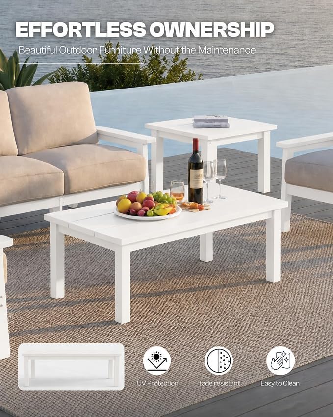 HDPE Outdoor Coffee Table, Weather-Resistant Rectangle Patio Coffee Table with Large Tabletop for Balcony, Deck, Garden, Poolside (White)