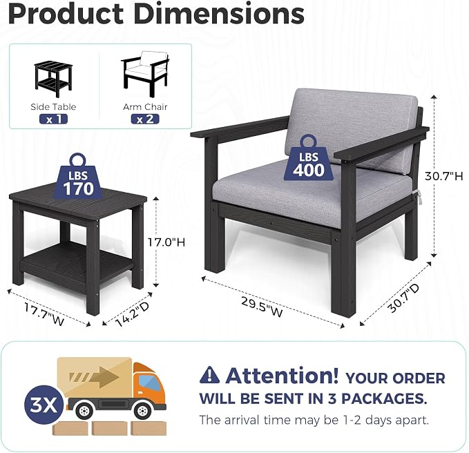 Modular Outdoor Patio Conversation Set, 3-Piece HIPS Chairs with Side Table & Thick Cushions– Side Interlock & Detachable Armrest, All-Weather Patio Furniture Set for Backyard, Deck, Poolside