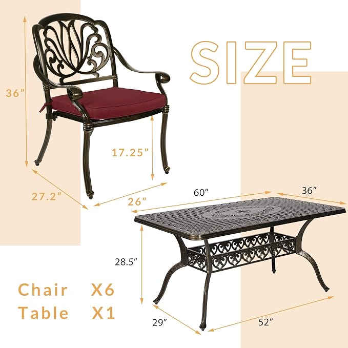 7-Piece Outdoor Patio Dining Set, 60” Rectangular Cast Aluminum Dining Table with Umbrella Hole and 6 Outdoor Dining Cushioned Chairs, Patio Funiture Set for Backyard, Patio, Garden, Red