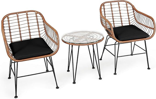 DORTALA 3 Piece Patio Bistro Set, Outdoor Wicker Furniture with Round Tempered Glass Top Table & 2 Rattan Armchairs, Cushions, Conversation Set for Porch, Backyard, Garden, Black