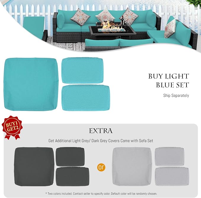 BULEXYARD 11 Piece High Back Outdoor Patio Set with Firepit, Extra Large Backyard Furniture Sectional Couch 10-Seater Modular, XL Big Wide Deep Outside Seating Area for Exterior, Grey & Turquoise