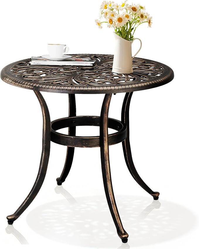 Outvita Patio Side Table, 23.6in Outdoor Round Cast Aluminum Bistro Table with Umbrella Hole and Antique Design for Backyard Porch Pool Balcony Deck Bronze
