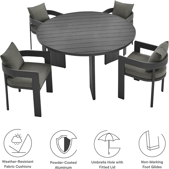 Modway Tahoe Outdoor Patio Powder-Coated Aluminum 5-Piece Dining Set in Gray Charcoal - Round Patio Furniture Set for 4 - Outside Table with Umbrella Hole and Cushioned Chairs - Modern Patio Set