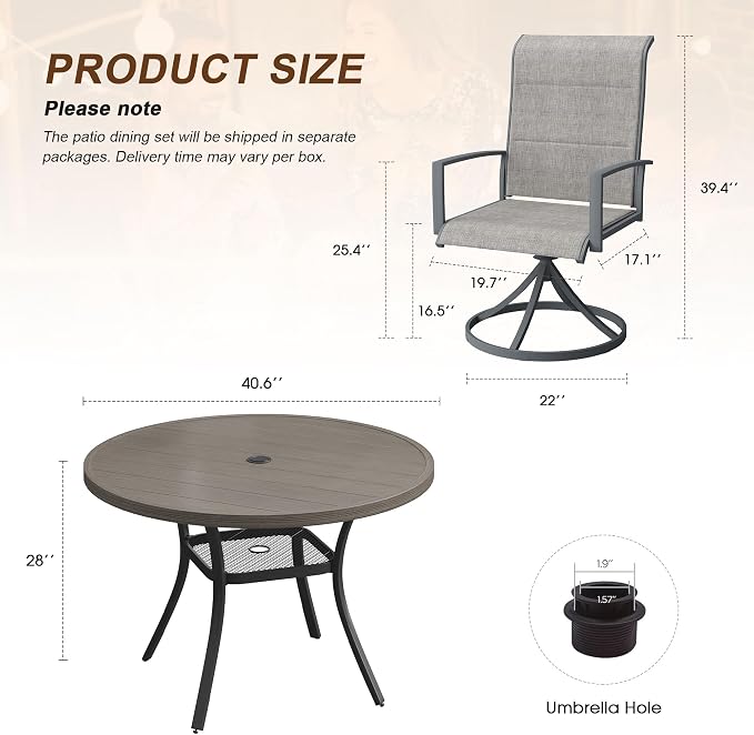 VICLLAX 5 Pieces Outdoor Dining Set, Patio Furniture Set Includes 40.6" Round Metal Table W/ 1.9" Umbrella Hole and 4 Padded Textilene Swivel Chairs for Porch, Lawn, Garden, Backyard