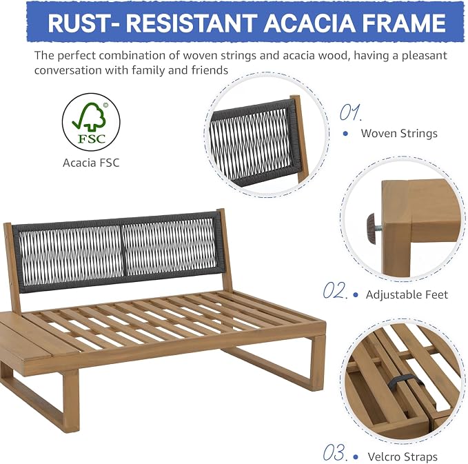 SUNSITT 4 Piece Acacia Wood Patio Furniture with Waterproof Cover, L-Shaped Outdoor Sectional Sofa Set with Coffee Table, FSC Certified Conversation Set with Built-in Side Table & Grey Cushions