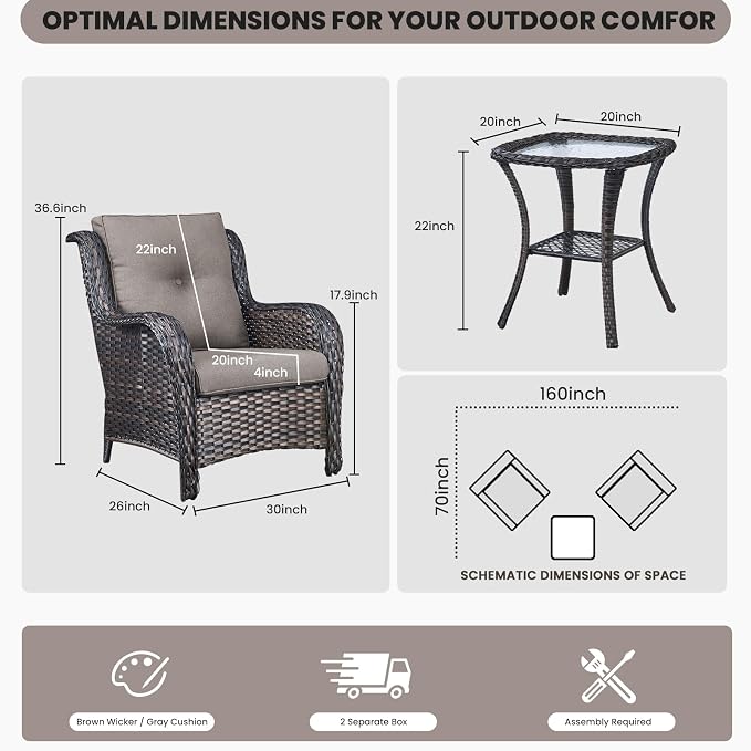 Belord Outdoor Furniture Set Patio Wicker Chairs, 3 Peices Porch Rattan Furniture with Side Table, Deep Seating Patio Bistro Chair Sets (Grey Cushion)