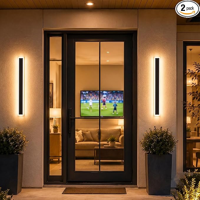 23.6" Outdoor Wall Lights, 2-Pack Remote Dimmable Sconces | Adjust 3000K–6000K lighting by remote for a modern garage, patio, porch or front door upgrade