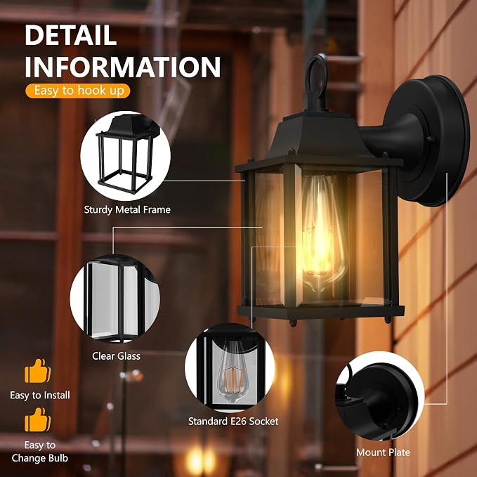 Outdoor Wall Light Fixtures Waterproof Porch Lights Anti-Rust Matte Black Outdoor Wall Lantern for Patio Front Door Garage - 2 Pack