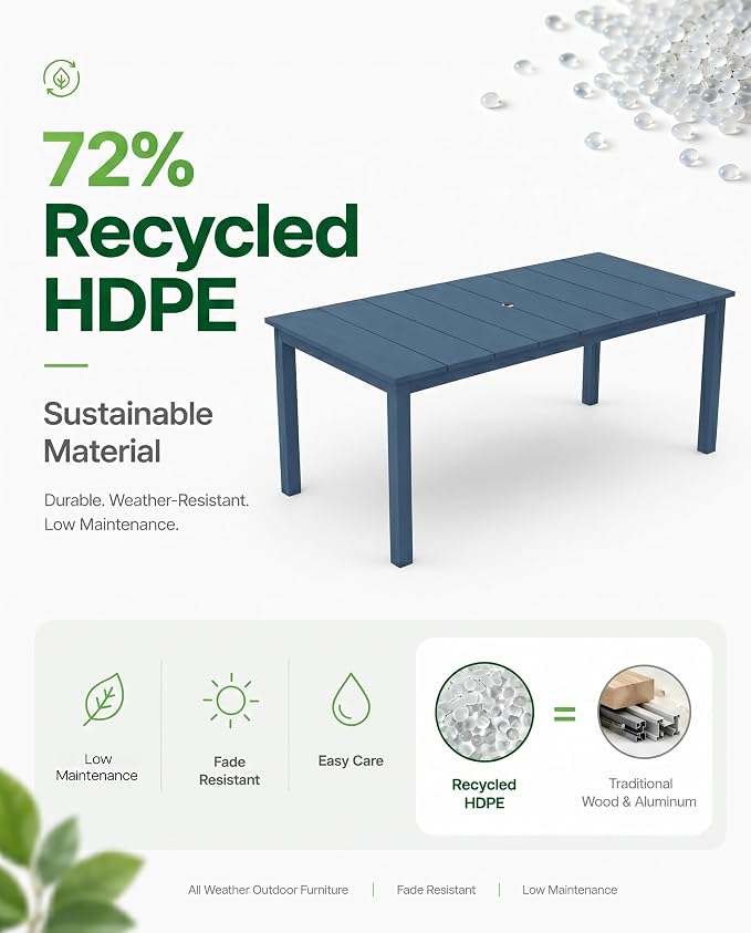 75.2" Outdoor Dining Table for 4-6 People, Patio Dining Outdoor Table with Umbrella Hole, All Weather Patio Table for Backyard, Deck and Garden, Navy Blue