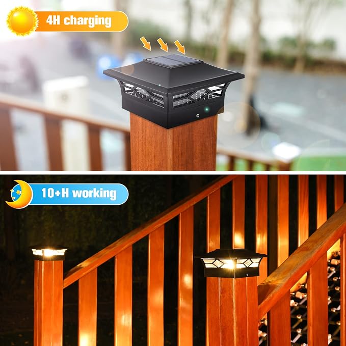 VOLISUN Solar Post Cap Lights: 2 - Pack Outdoor Deck Post Cap Lights Black for Dock Fence Waterproof 2 Color Modes,4x4/6x6 Wooden/Vinyl Posts