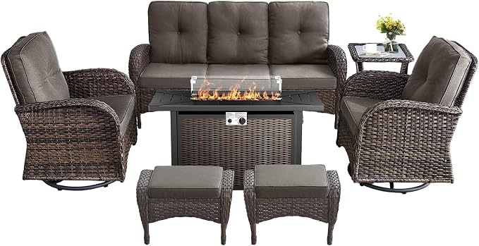 7 Pieces Outdoor Furniture with Fire Pit Deep Seating Wicker Patio Couch with Patio Swivel Chairs Outdoor Furniture Set for Deck Porch Garden Balcony Poolside-Brown/Grey