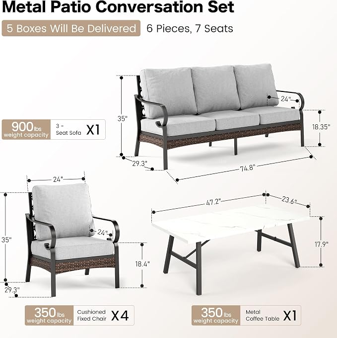 SUNSHINE VALLEY 4 Piece Metal Outdoor Patio Furniture Set, Patio Conversation Sets 1 3-seater Sofa, 2 Chairs with 5.75" Extra Thick Cushion and Coffee Table, Black Frame Backyard Furniture, Light Gray