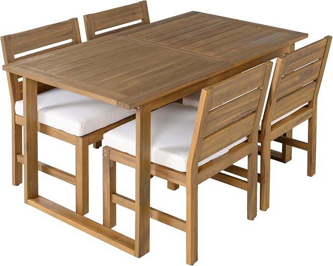 VilroCaz 5-Piece Outdoor Patio Dining Set with Adjustable Legs, Acacia Wood Rectangle Dinning Table and 4 Chairs& Cushions, All-Weather Dining Set for Garden Backyard Lawn (Natural+Beige)