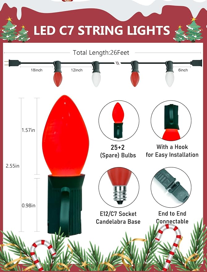 26Ft C7 LED Red and White Christmas Lights, Vintage Christmas Decorations with 27 LED Ceramic Bulbs, Connectable Hanging String Lights for Holiday Party Patio Roofline House Xmas Decor, Green Wire