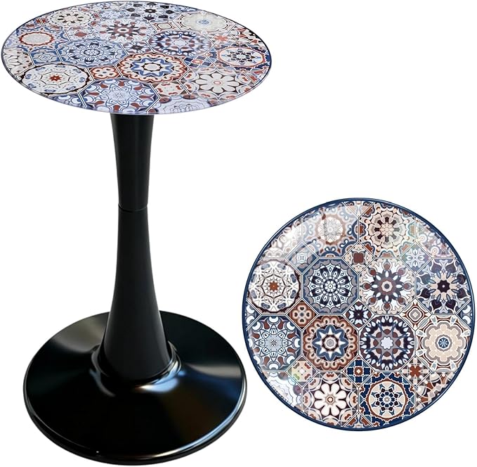 13.4" Outdoor Side Table, Round Patio Bistro Table Printed Tempered Glass Top, Waterproof Rust-Proof Base, Small Plant Stand for Balcony, Garden, Deck, 21.6" H (Bohemia)