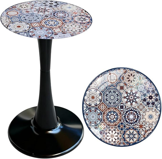 13.4" Outdoor Side Table, Round Patio Bistro Table Printed Tempered Glass Top, Waterproof Rust-Proof Base, Small Plant Stand for Balcony, Garden, Deck, 21.6" H (Bohemia)