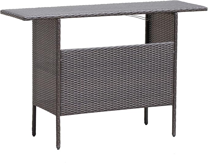 Giantex Outdoor Patio Wicker Bar Table, 2 Storage Shelves, 55''W Tabletop, Rails for Hanging Wine Glasses, Heavy-Duty Metal Frame, Bistro Rattan Bar Counter Table for Poolside Backyard (Mix Brown)