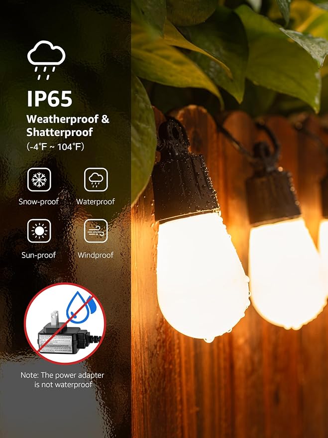 Lepro ZB1 AI Smart Outdoor String Lights, 54(42+12) ft RGB+IC+Warm White Outside Light with 15 Plastic LED Bulbs, Music Sync, Alexa Google Enable, 2.4 GHz WiFi+Bluetooth (APP Control, No Remote)
