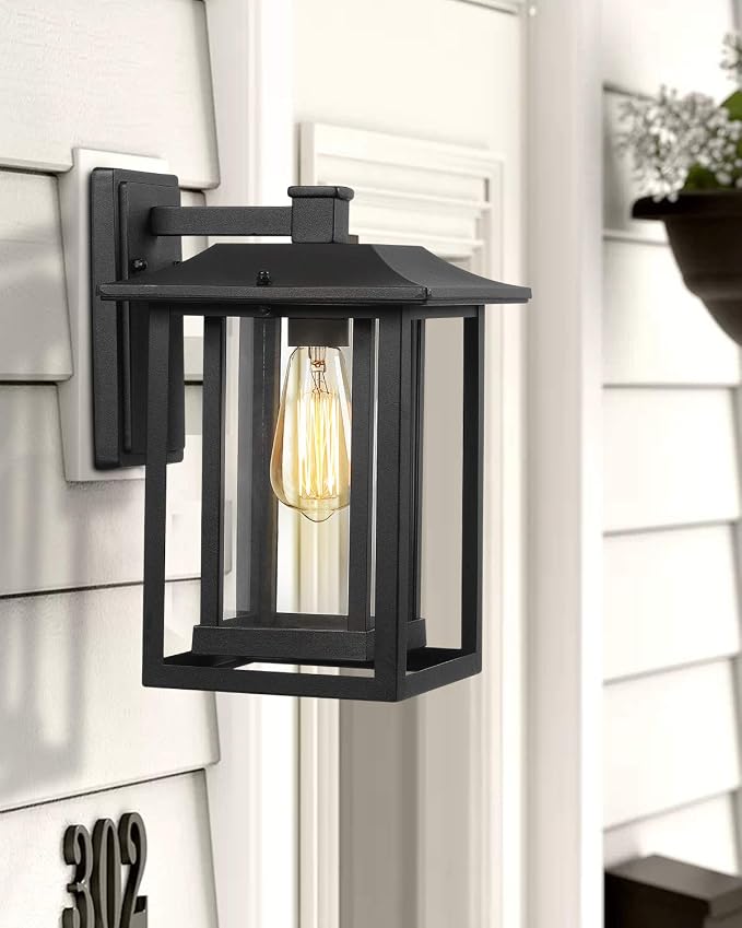 Beionxii Outdoor Wall Mount Light, Dusk to Dawn Exterior Light Fixture Outside Lights for House Porch Patio, Black Cast Aluminum w/Clear Glass (13.5" x 9") - A197W-1PK