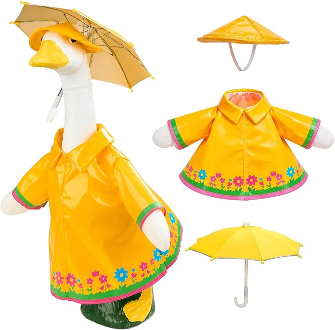 Raincoat Goose Outfits Porch Goose Spring Outfit Goose Printed Raincoat Clothes with Umbrella Hat Fits 23" Geese Statue for Spring Summer Garden Lawn Patio Yard Outdoor Decor (Yellow)