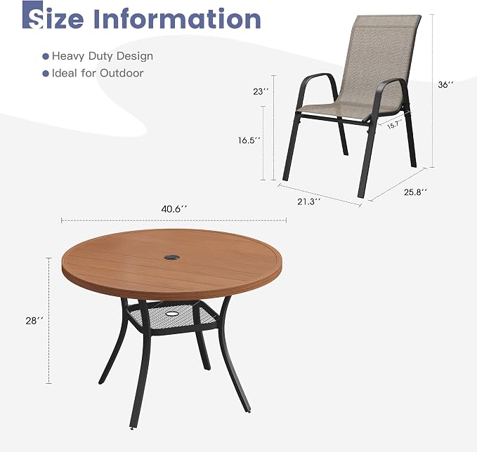 VICLLAX Round Patio Dining Set for 4, Metal Slatted Patio Table with Umbrella Hole and Stackable Patio Chairs for Deck Lawn Garden, Brown Fabric and Walnut Tabletop