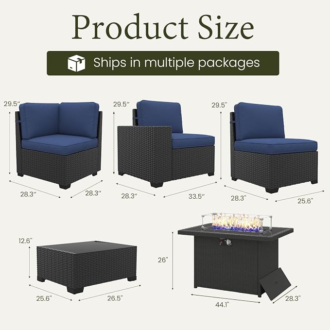 LayinSun 7 Pieces Outdoor Patio Furniture Set with 44" Fire Pit Table Rattan Sectional Sofa Conversation Sets