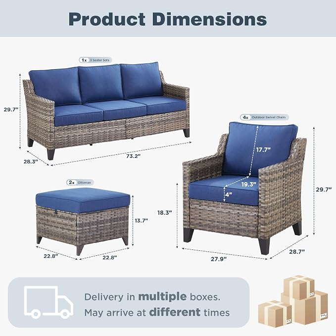 Belord Patio Chairs Set of 2 with 3-Seater Sofa, Outdoor Rattan Chairs for Deck Porch Garden, 5 Piece Patio Conversation Furniture Set,Blue