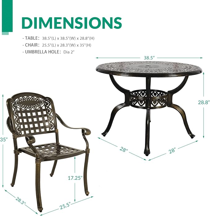 VIVIJASON 5-Piece Patio Furniture Dining Set, All-Weather Cast Aluminum Outdoor Conversation Set, Include 4 Chairs and 1 Round Table w/Umbrella Hole for Balcony, Lawn, Garden, Backyard