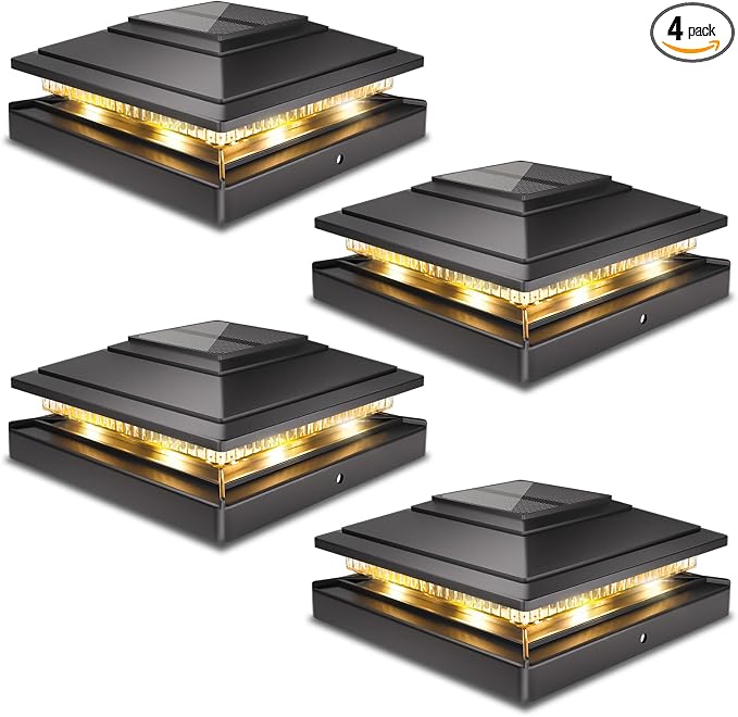 Post Cap Lights Outdoor 4pack, Waterproof Fence Post Solar Lights for 4x4 5x5 6x6 Wood/Vinyl Posts, Black Solar Deck Post Lights with 2 Color Modes Decorate Garden Patio Porch Backyard