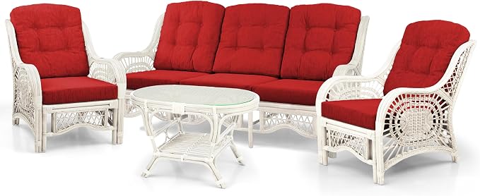 Malibu Lounge Set of 4: 2 Natural Rattan Wicker Chairs, Three-Seater Sofa with Red Cushions and Coffee Table with Glass Handmade, White Color