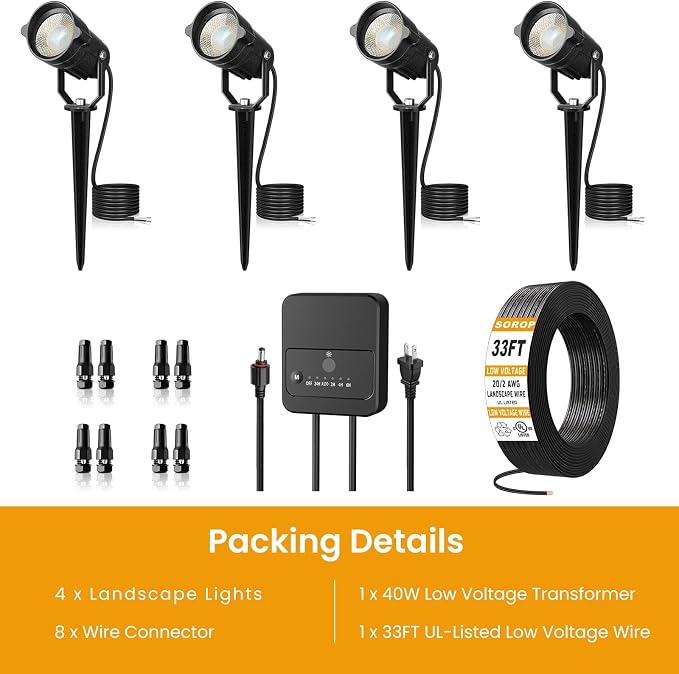 Low Voltage Landscape Lighting Kit, 3000K Spotlights Outdoor 4Pack | All-in-One Landscape Lights with 40W Transformer Dusk to Dawn, 33FT Wire, IP66 Waterproof Outdoor Lights for Yard Path 12-24V