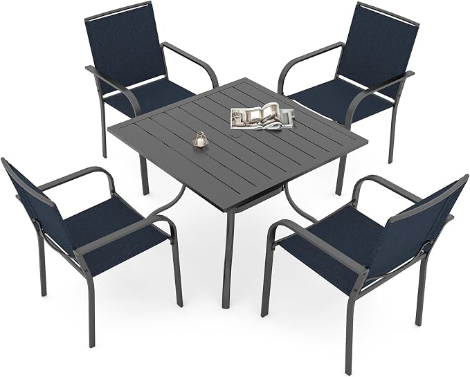 5 Piece Outdoor Patio 35" Square Table and Navy Blue Stackable Chairs Set | 4 Piece Stackable Chairs, Textilene Seat&Back, Metal Table, Slat Table Top, 4 Person Use, 1.57" Umbrella Hole, All Weather