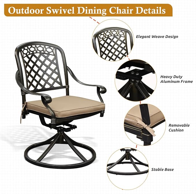 5-Piece Cast Aluminum Outdoor Patio Dining Set, All Weather Cast Aluminum Outdoor Furniture Dining Set for Patio, Balcony, Garden, Backyard w/4 Swivel Chairs & Cushions, 2.0" Umbrella Hole
