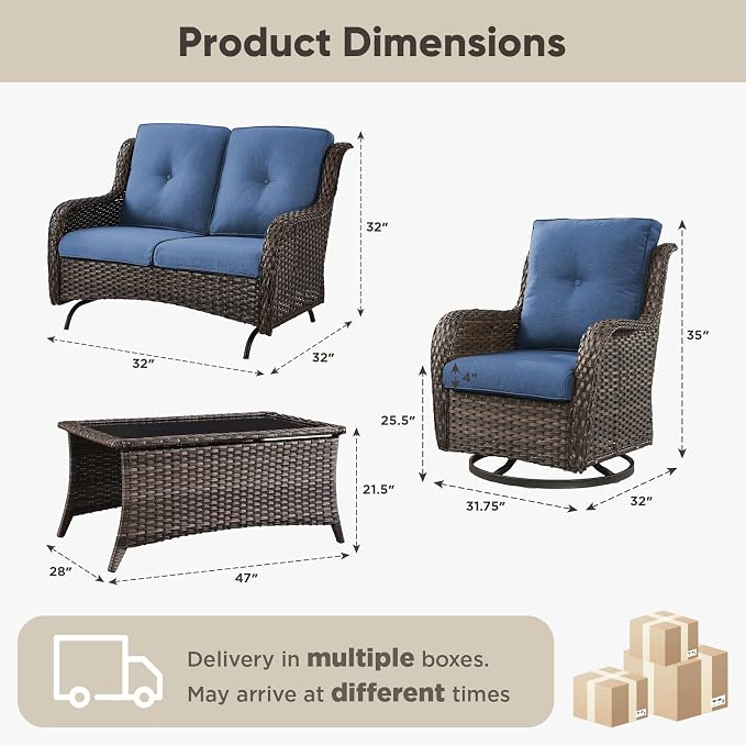 Belord 4 Piece Patio Wicker Furniture Set, Outdoor Swivel Rocker Chairs, All Weather Outdoor Patio Loveseat with Cushion and Coffee Table for Deck Porch, Brown Wicker/Blue