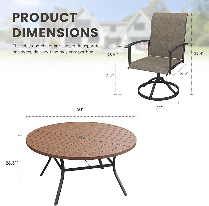7 Pieces Round Outdoor Table and Chairs Set, Patio Dining Set with 50" Round Spliced Outdoor Table and Patio Swivel Chairs for Backyard Lawn Garden, Walnut Table and Mixed Brown Chairs