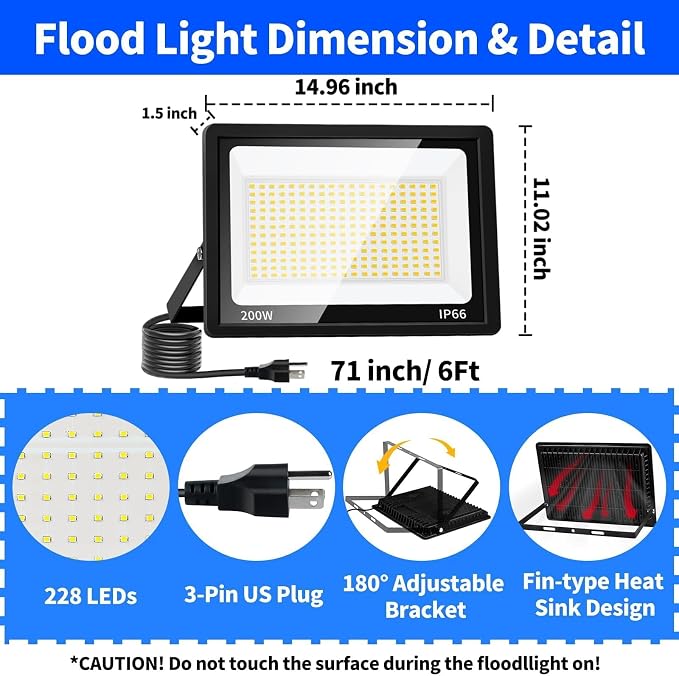 2 Pack 200W LED Flood Light, IP66 Waterproof | 24000LM, 5000K Daylight White, Plug in with 6ft Cord, Outdoor Exterior Lighting, for Yard, Garage, Patio, Backyard, Stadium
